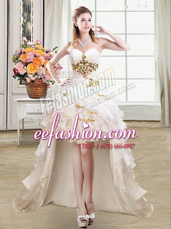 Custom Designed Beading and Ruffles Prom Dress White Lace Up Sleeveless High Low