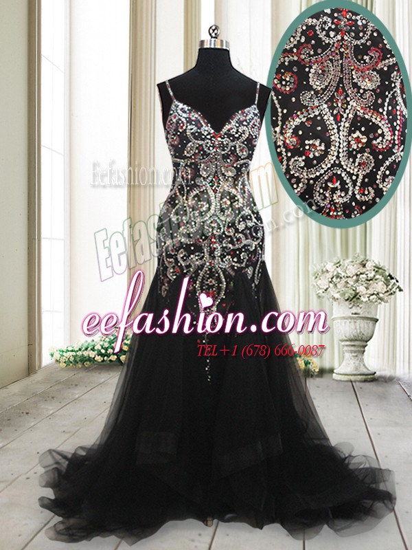Fashionable Mermaid Black Spaghetti Straps Neckline Beading and Appliques Prom Evening Gown Sleeveless Zipper