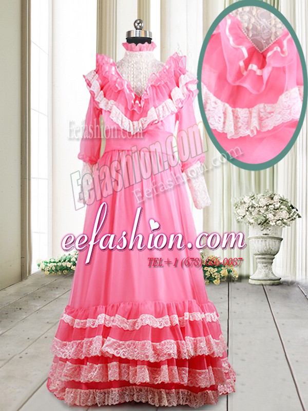Best Selling V-neck Long Sleeves Mother Of The Bride Dress Brush Train Beading and Lace and Ruffled Layers Pink Chiffon