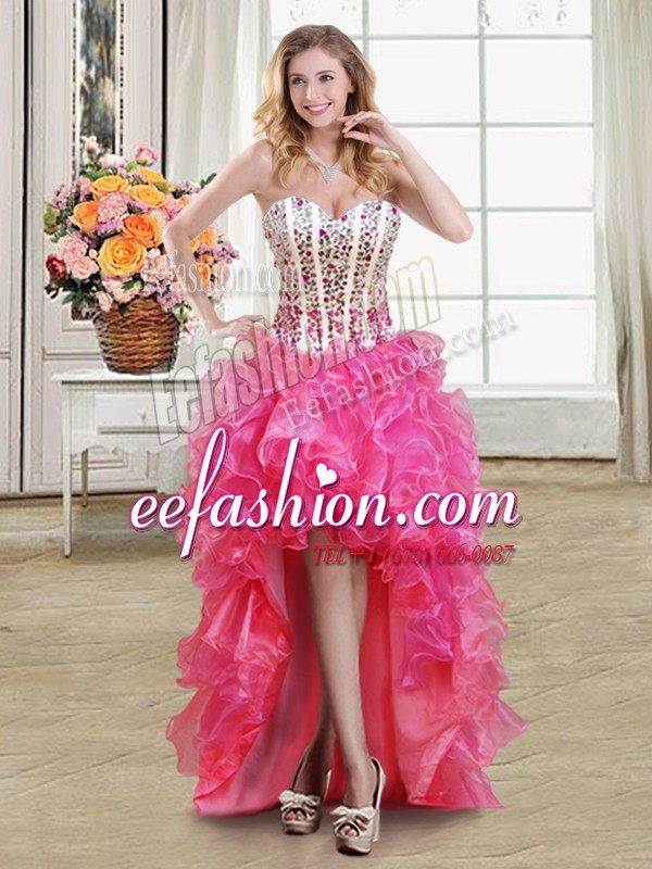 Low Price High Low Lace Up Homecoming Dress Hot Pink for Prom and Party with Beading and Ruffles