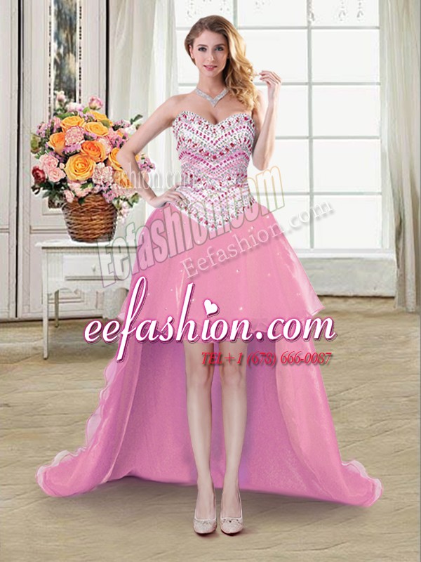  Pink A-line Organza Sweetheart Sleeveless Beading High Low Lace Up Homecoming Dress