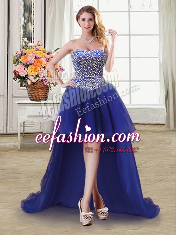  Sleeveless High Low Beading Lace Up Cocktail Dress with Royal Blue