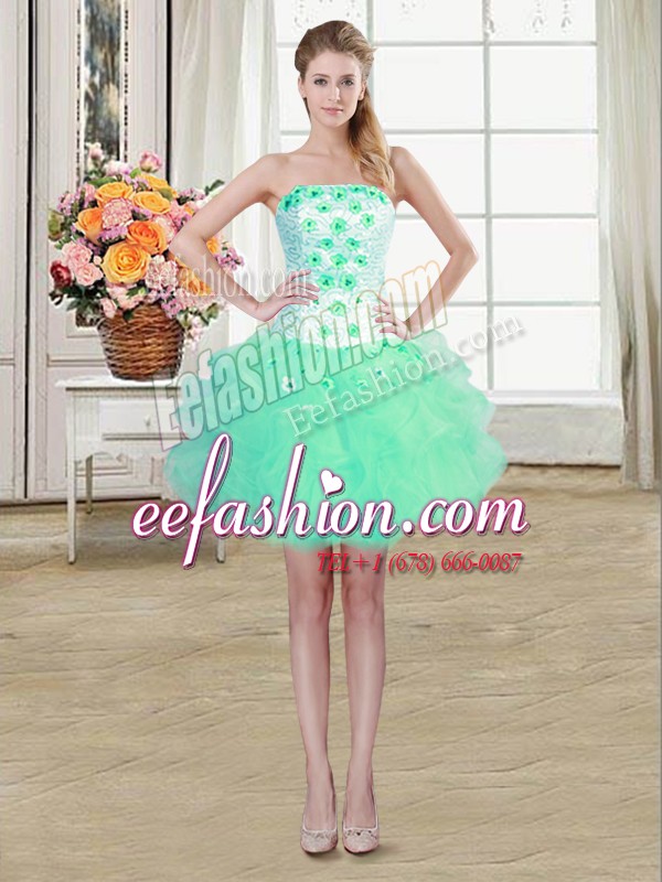  Turquoise Ball Gowns Organza Strapless Sleeveless Beading and Appliques and Ruffles Mini Length Lace Up Prom Gown