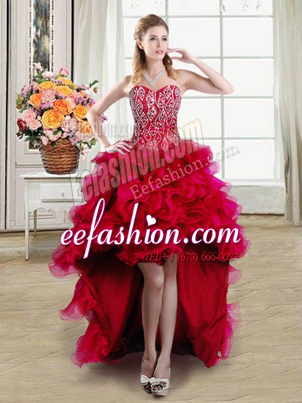 Luxurious Sleeveless High Low Beading and Ruffles Lace Up with Red