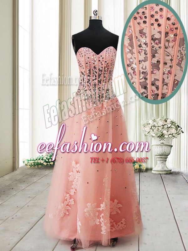 Luxurious Tulle Sweetheart Sleeveless Lace Up Beading Homecoming Dress in Peach