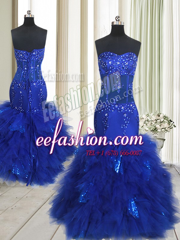  Mermaid Royal Blue Sleeveless Beading and Ruffles Floor Length Prom Gown