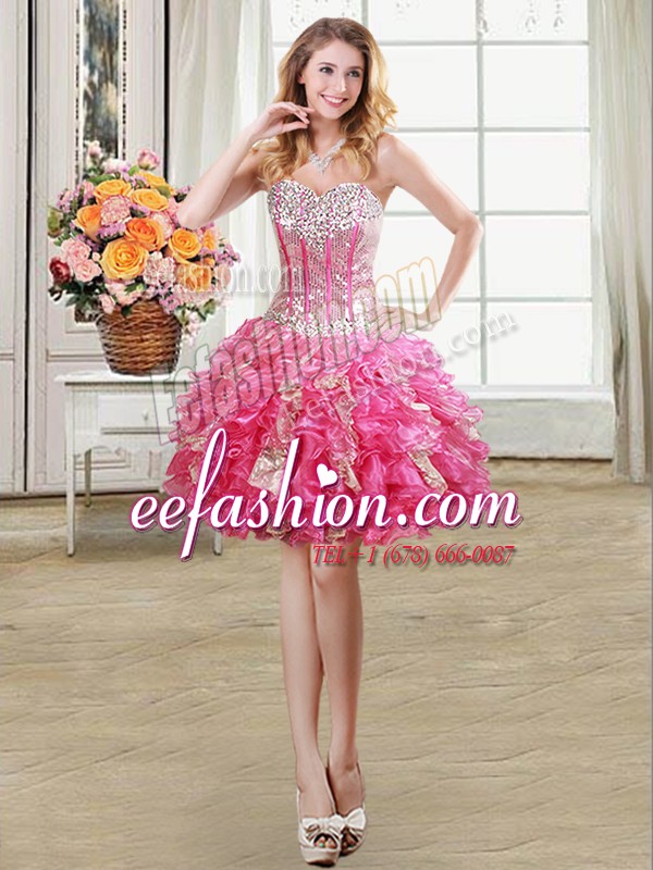 Elegant Hot Pink Sweetheart Neckline Beading and Ruffles and Sequins Prom Dresses Sleeveless Lace Up