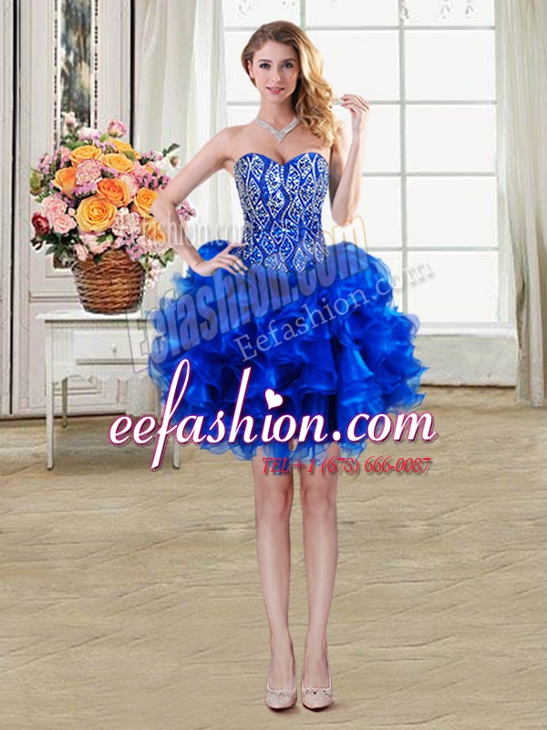  Royal Blue Organza Lace Up Prom Gown Sleeveless Mini Length Beading and Ruffles