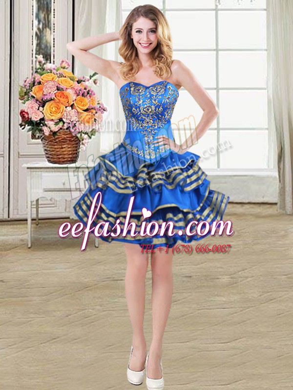  Blue Taffeta Lace Up Dress for Prom Sleeveless Mini Length Beading and Embroidery and Ruffled Layers