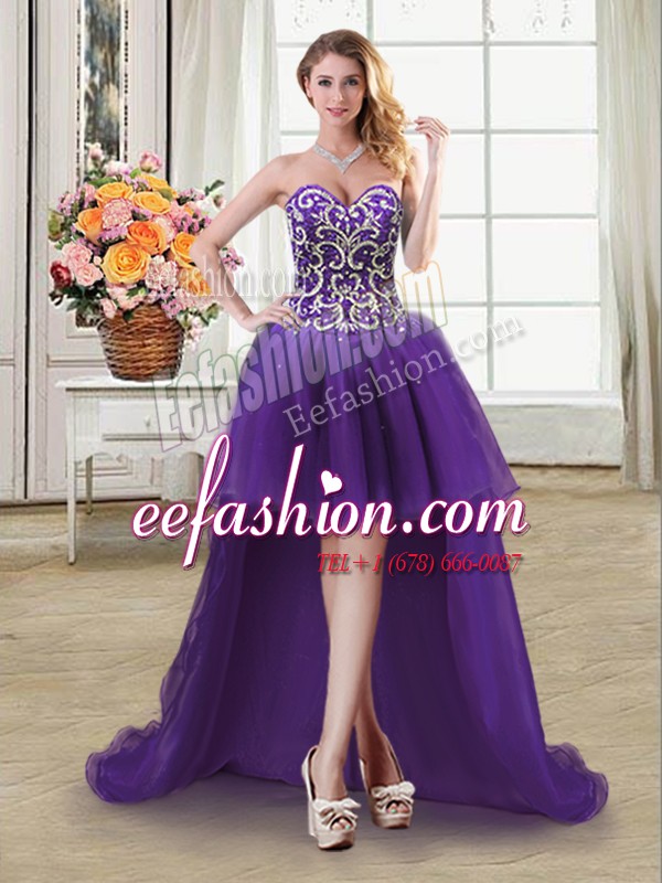 Suitable Purple Sleeveless High Low Beading and Sequins Lace Up Prom Party Dress