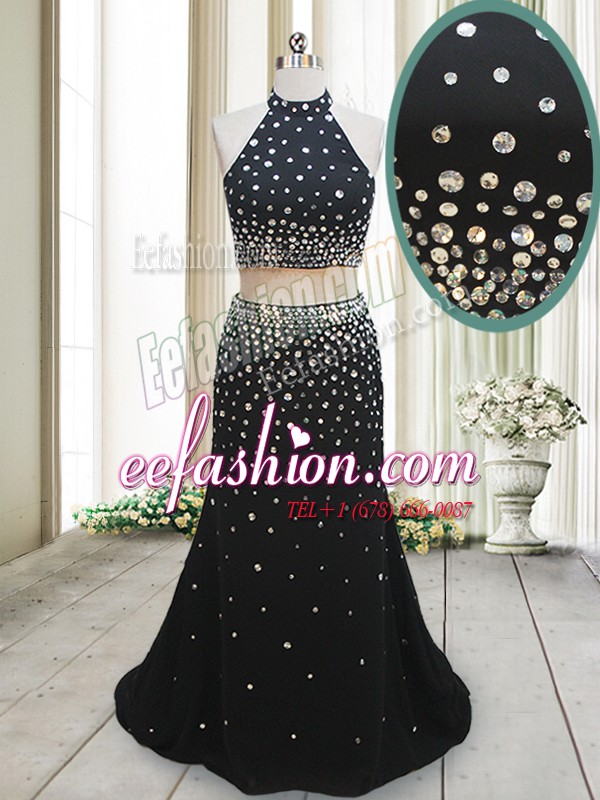  Black Prom Dress Prom and For with Beading Halter Top Sleeveless Backless