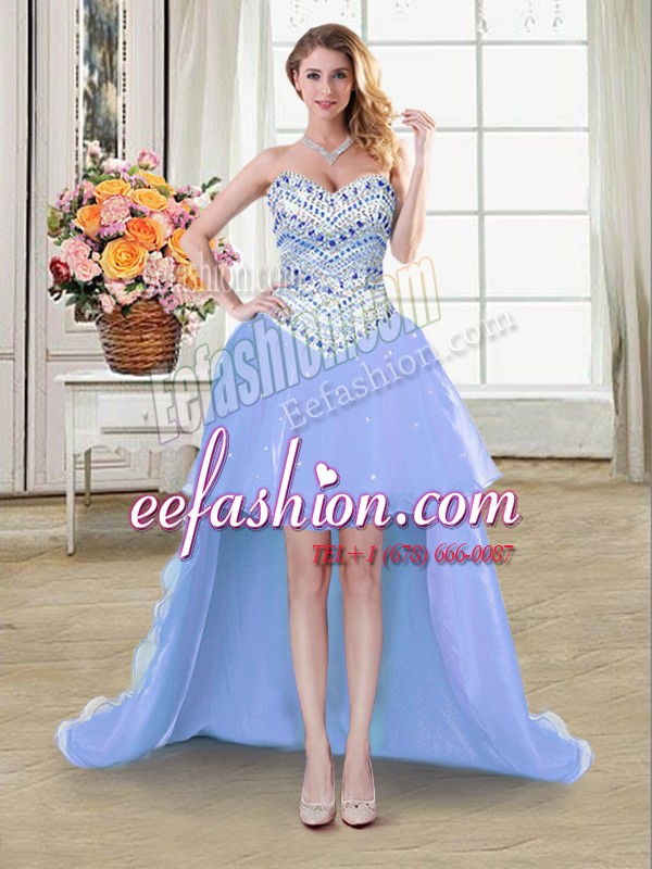 High Class Organza Sleeveless High Low Prom Gown and Beading