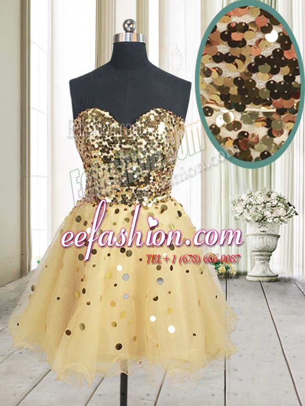 Trendy Sweetheart Sleeveless Prom Party Dress Mini Length Sequins Gold Organza