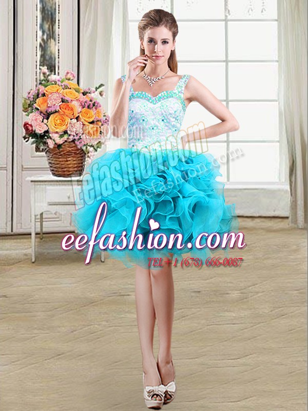  Straps Baby Blue Ball Gowns Beading and Lace and Ruffles Cocktail Dresses Lace Up Organza Sleeveless Mini Length