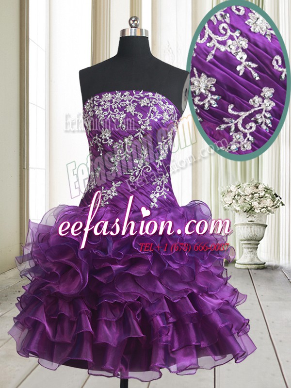  Strapless Sleeveless Prom Evening Gown Mini Length Beading and Ruffled Layers Purple Organza