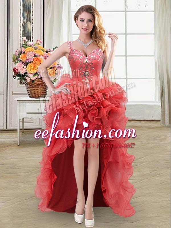 Fashion Straps Coral Red Sleeveless Beading and Ruffles High Low Prom Evening Gown