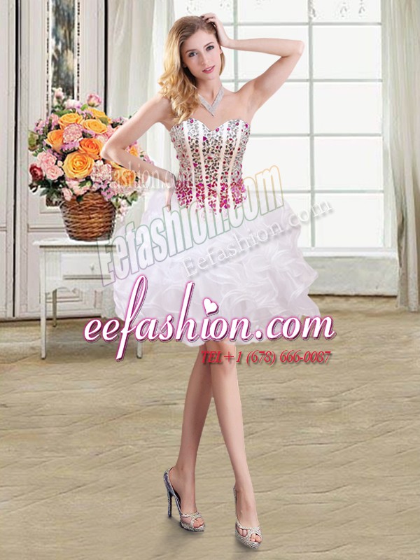 Sleeveless Organza Mini Length Lace Up Evening Dress in White with Beading and Ruffles