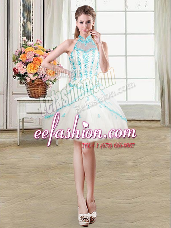 Great See Through Halter Top Sleeveless Tulle Prom Gown Beading and Ruffles Lace Up