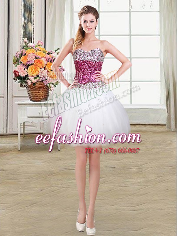  White Lace Up Sweetheart Beading Prom Dresses Tulle Sleeveless