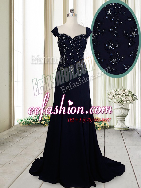  Straps Cap Sleeves Beading Zipper Prom Party Dress with Navy Blue Brush Train