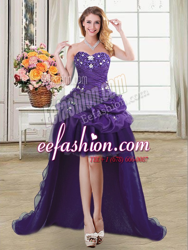 Adorable Purple Sleeveless Beading and Appliques and Pick Ups High Low Homecoming Dress