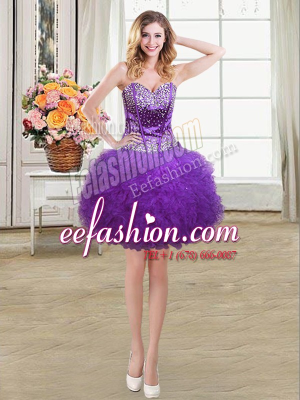  Eggplant Purple Tulle Lace Up Dress for Prom Sleeveless Mini Length Beading and Ruffles