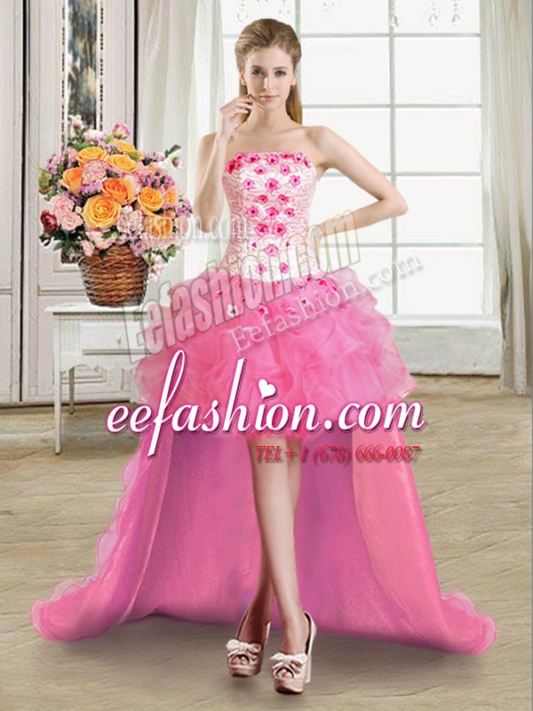 Artistic Rose Pink Ball Gowns Strapless Sleeveless Organza High Low Lace Up Beading and Appliques and Ruffles Dress for Prom
