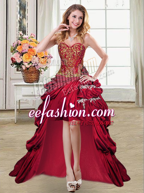 Comfortable Wine Red Lace Up Sweetheart Beading and Appliques and Pick Ups Cocktail Dress Taffeta Sleeveless