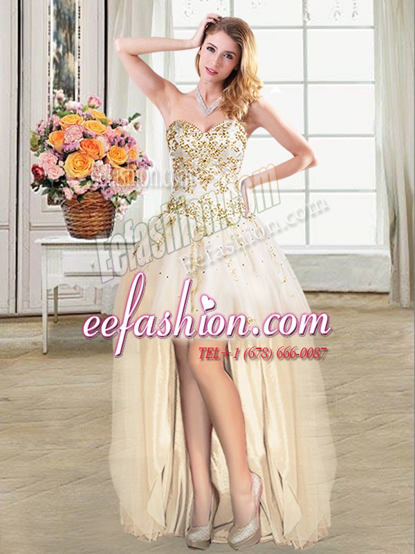 Attractive High Low Champagne Prom Gown Sweetheart Sleeveless Lace Up