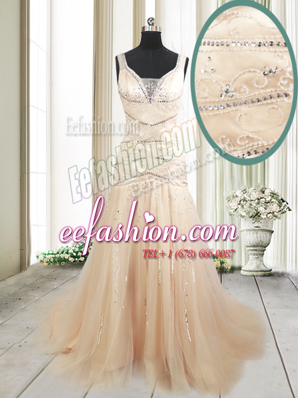 Enchanting Mermaid Straps Champagne Tulle Lace Up Prom Dress Sleeveless With Train Sweep Train Ruching