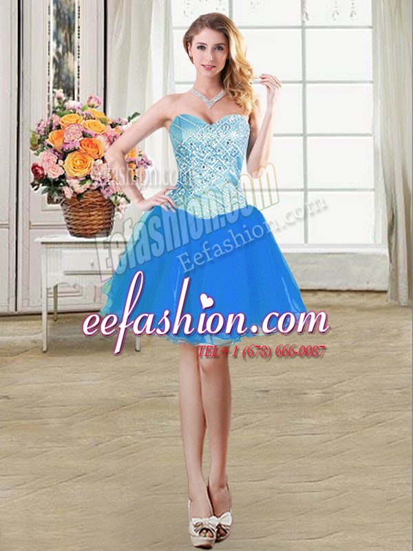  Blue A-line Organza Sweetheart Sleeveless Beading Mini Length Lace Up Prom Evening Gown