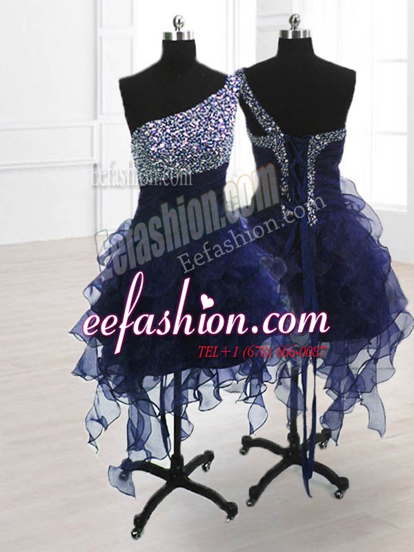  One Shoulder Navy Blue Sleeveless Organza Lace Up Prom Party Dress for Prom and Party