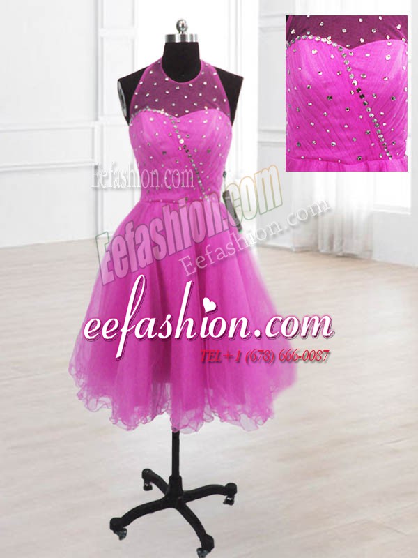  Knee Length Fuchsia Prom Dress Organza Sleeveless Sequins
