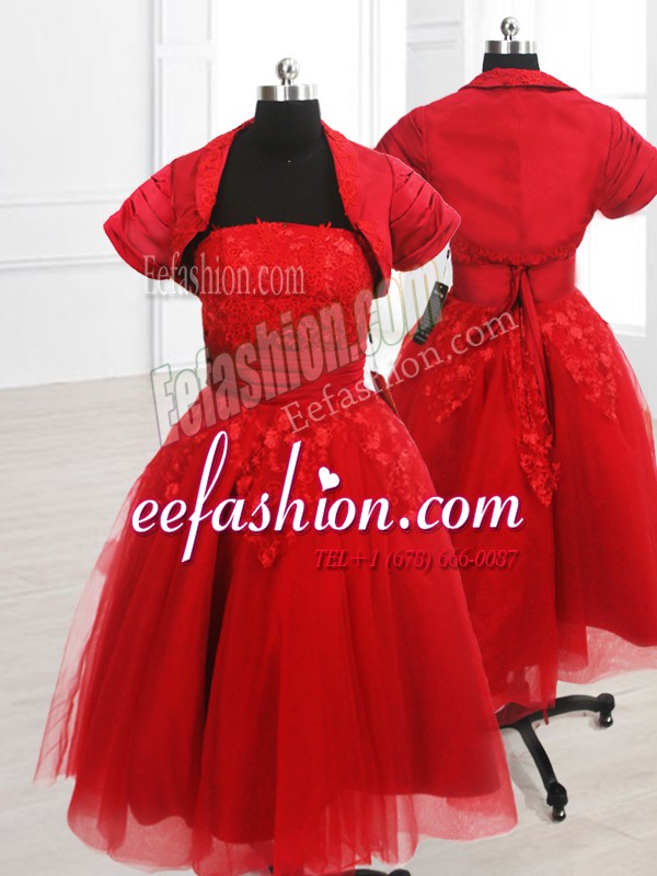 Noble Red A-line Organza Strapless Short Sleeves Embroidery Knee Length Lace Up Mother Of The Bride Dress