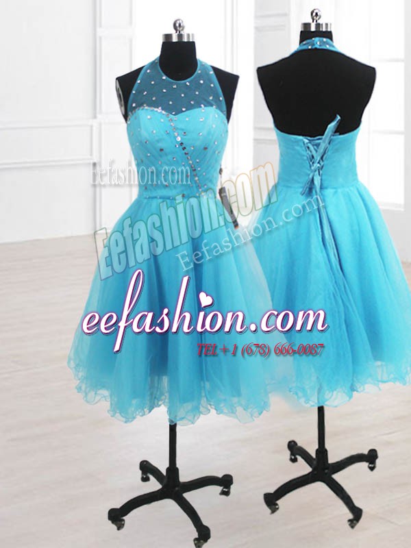 Graceful High-neck Sleeveless Lace Up Prom Party Dress Baby Blue Organza