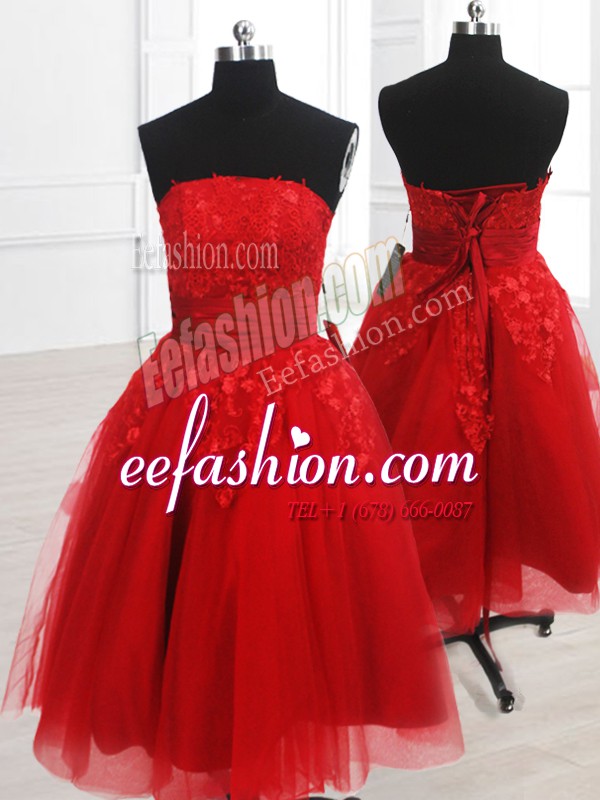 Affordable Strapless Sleeveless Organza Mother Of The Bride Dress Embroidery Lace Up