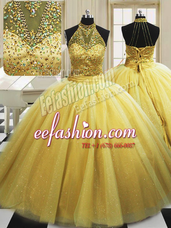  With Train Yellow Sweet 16 Quinceanera Dress High-neck Sleeveless Sweep Train Lace Up