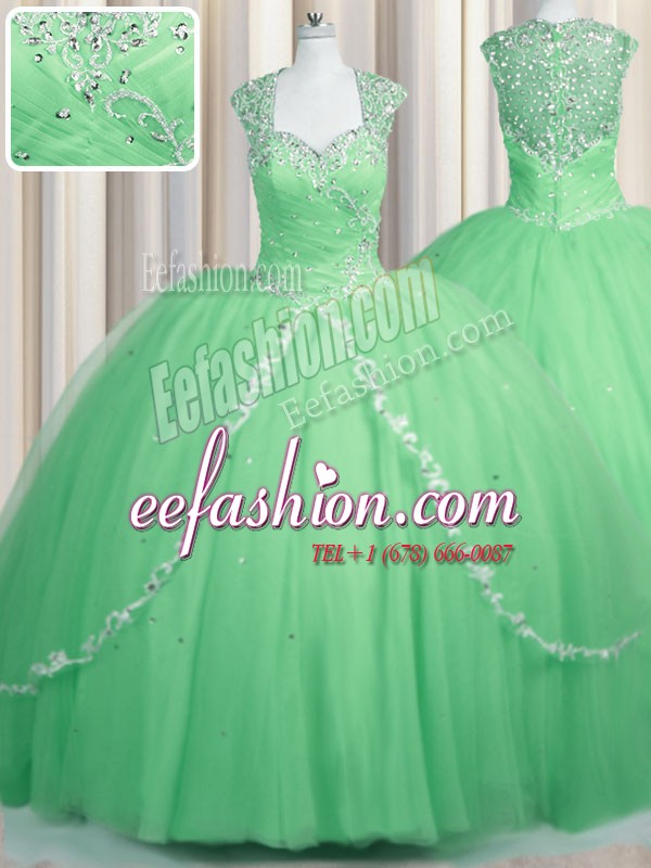 Zipper Apple Green Cap Sleeves Brush Train Beading and Appliques Sweet 16 Dresses