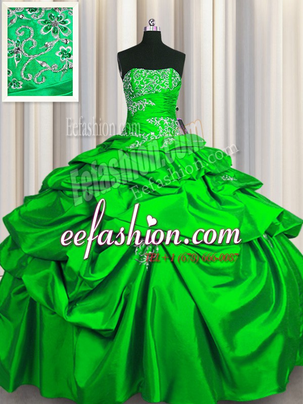 Green Strapless Neckline Appliques and Pick Ups Quinceanera Dresses Sleeveless Lace Up