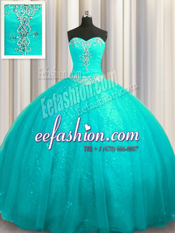 Fantastic Aqua Blue Ball Gowns Organza and Sequined Sweetheart Sleeveless Beading and Appliques Lace Up Quince Ball Gowns Court Train