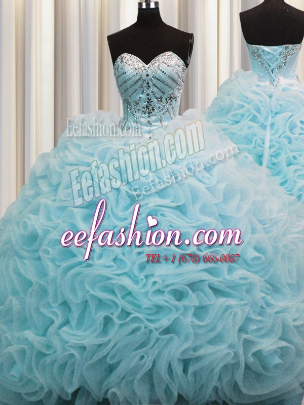 Rolling Flowers Aqua Blue Vestidos de Quinceanera Military Ball and Sweet 16 and Quinceanera and For with Beading and Pick Ups Sweetheart Sleeveless Brush Train Lace Up