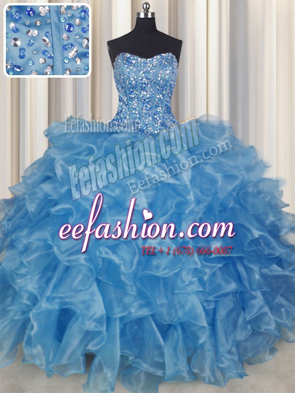 Visible Boning Sleeveless Beading and Ruffles Lace Up Vestidos de Quinceanera