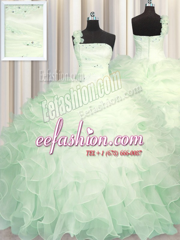 Apple Green One Shoulder Neckline Beading and Ruffles Ball Gown Prom Dress Sleeveless Zipper