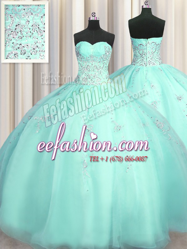Edgy Really Puffy Turquoise Ball Gowns Beading and Appliques 15th Birthday Dress Zipper Organza Sleeveless Floor Length