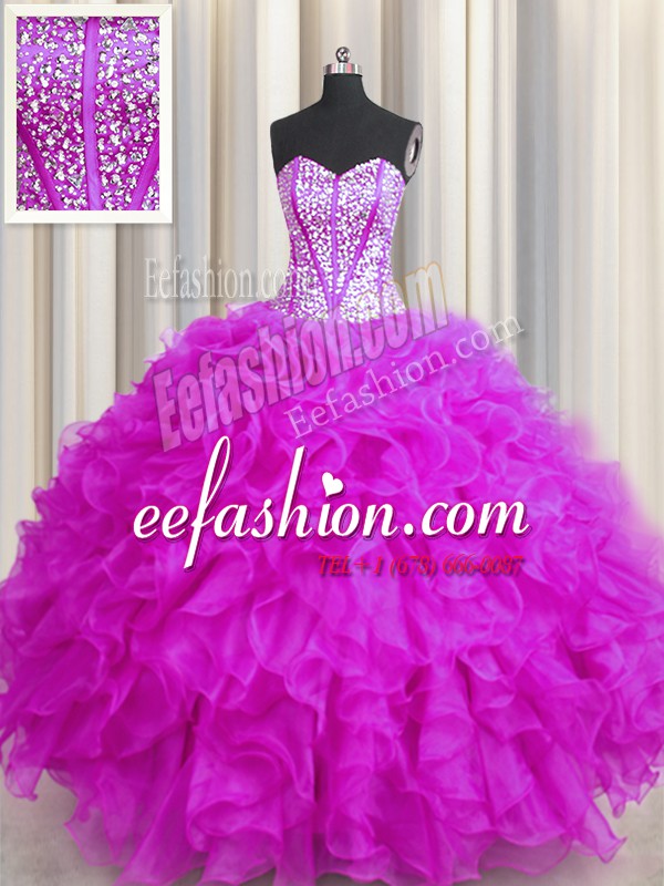 High End Visible Boning Beaded Bodice Sweetheart Sleeveless Lace Up Quinceanera Gowns Fuchsia Organza