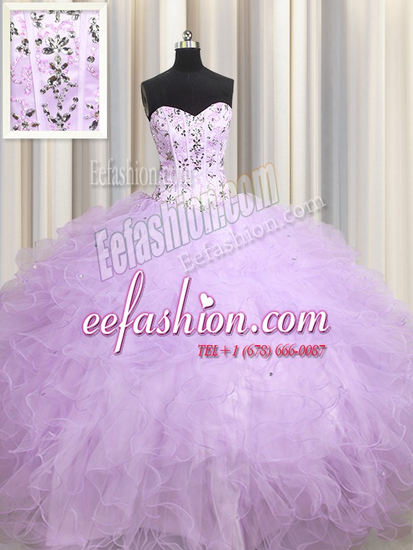 Visible Boning Lavender Sleeveless Tulle Lace Up Quince Ball Gowns for Military Ball and Sweet 16 and Quinceanera
