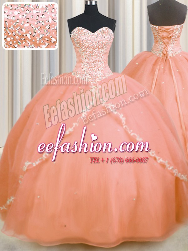  Peach Ball Gowns Sweetheart Sleeveless Organza With Brush Train Lace Up Beading and Appliques 15th Birthday Dress