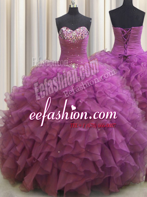 Beaded Bust Floor Length Fuchsia Quinceanera Gowns Sweetheart Sleeveless Lace Up