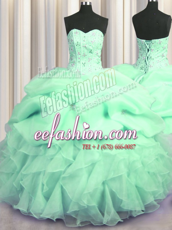 Elegant Visible Boning Apple Green Lace Up Quinceanera Dress Beading and Ruffles Sleeveless Floor Length