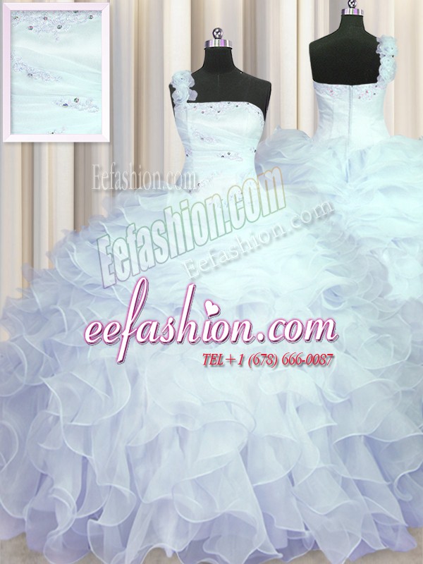  One Shoulder Sleeveless Organza Floor Length Zipper Sweet 16 Dresses in Light Blue with Beading and Ruffles